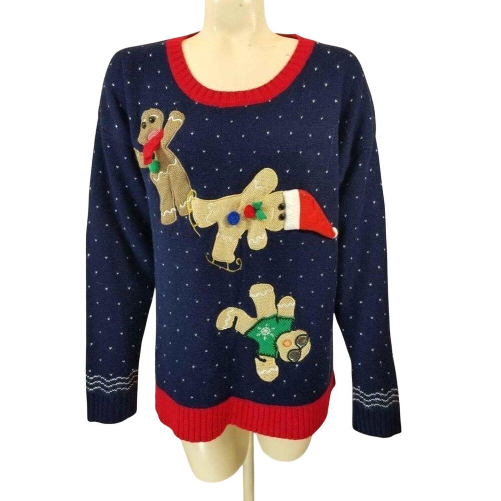 Christmas Sweater Holiday Gingerbread‎ Man cool sunglasses navy blue XL